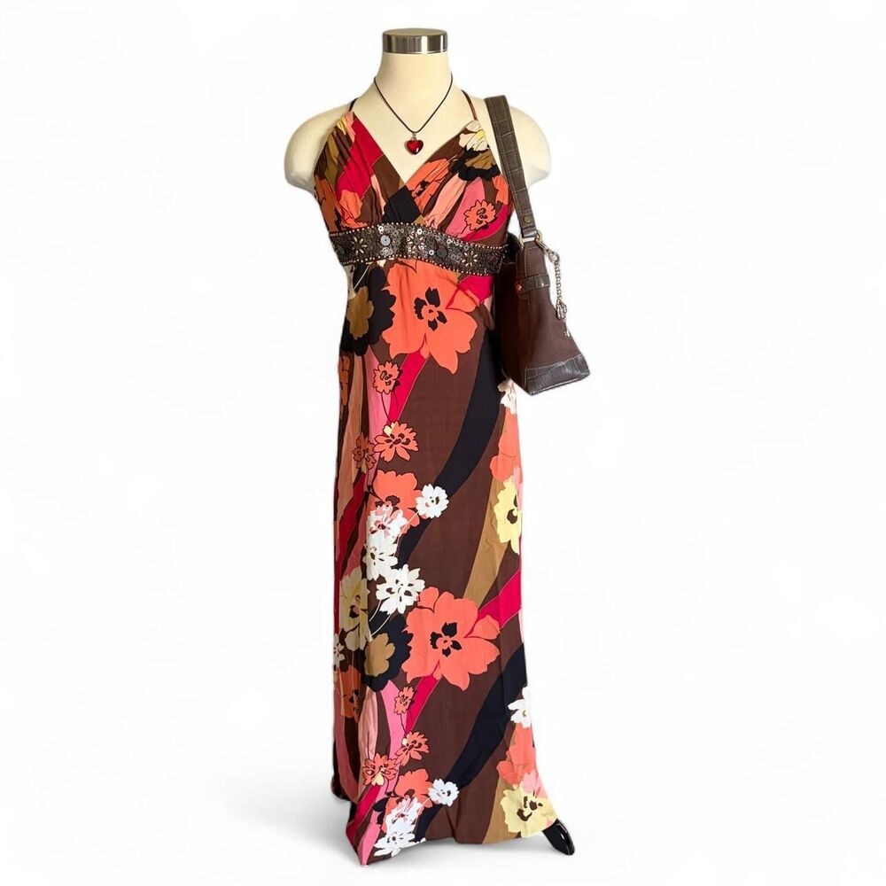 B. Darlin Y2K Floral Maxi Dress Pink Brown Black Stripe Fairycore Medium 1776514 - Picture 6 of 8
